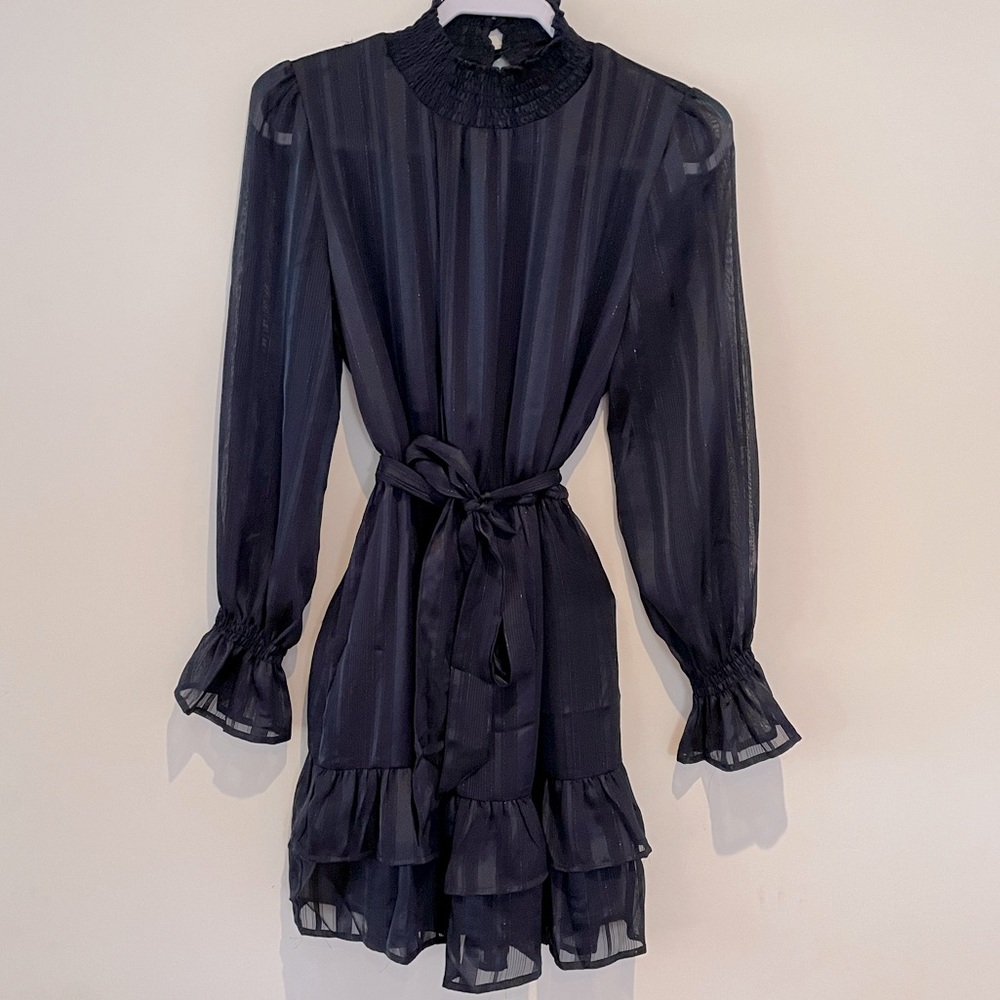 Elegant Satin Navy Mini Dress with Ruched Neck and Matching Belt